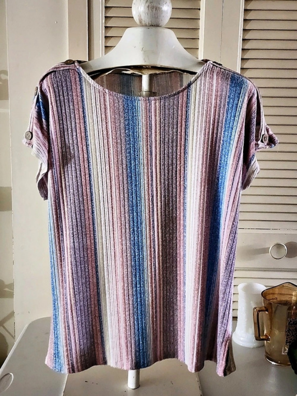 Above and Beyond Striped Short Sleeve Top in Blue & Pink Size XL